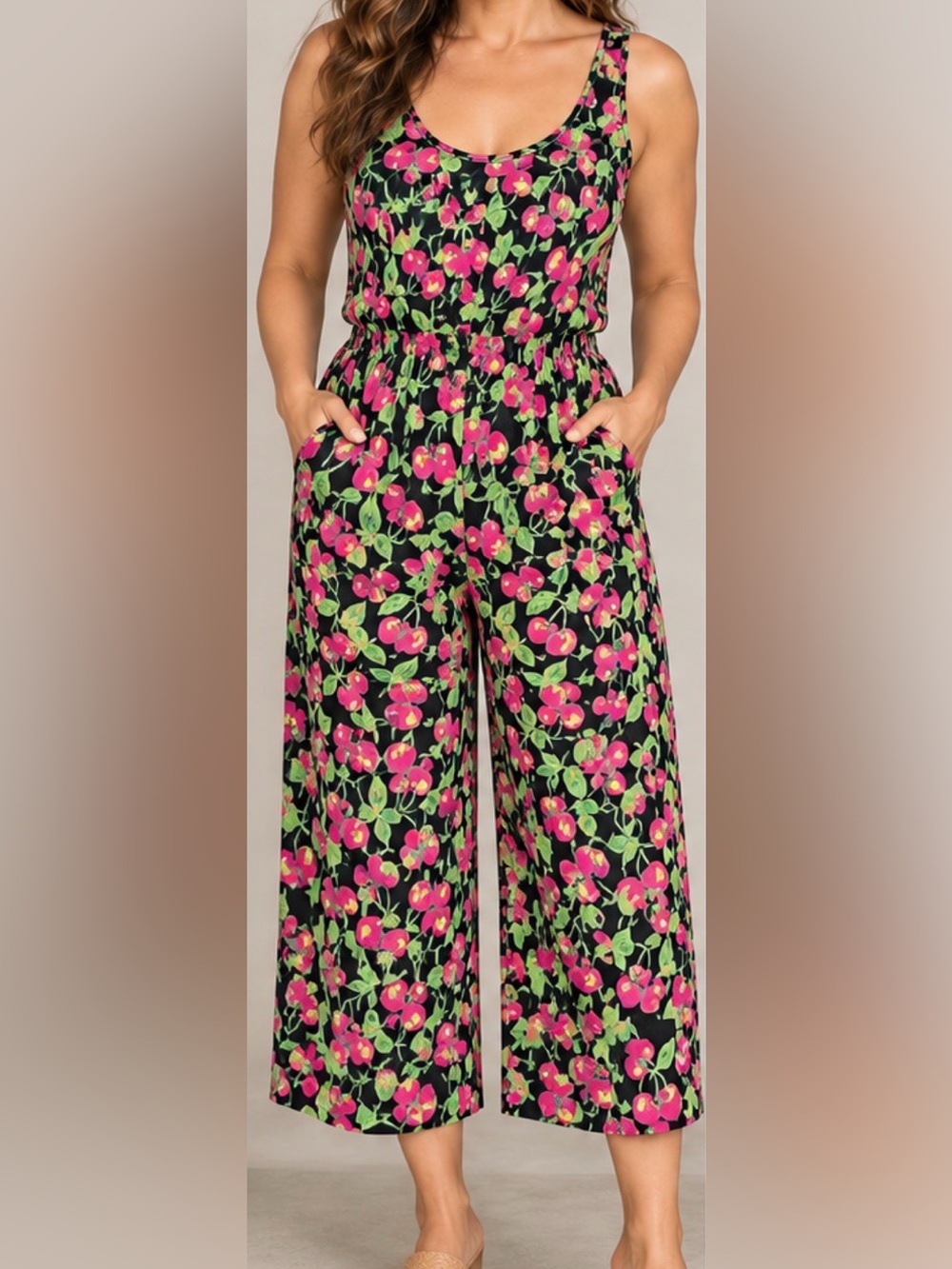 Luv Betsey by Betsey Johnson Cherry Print Wide Leg Jumpsuit Romper M